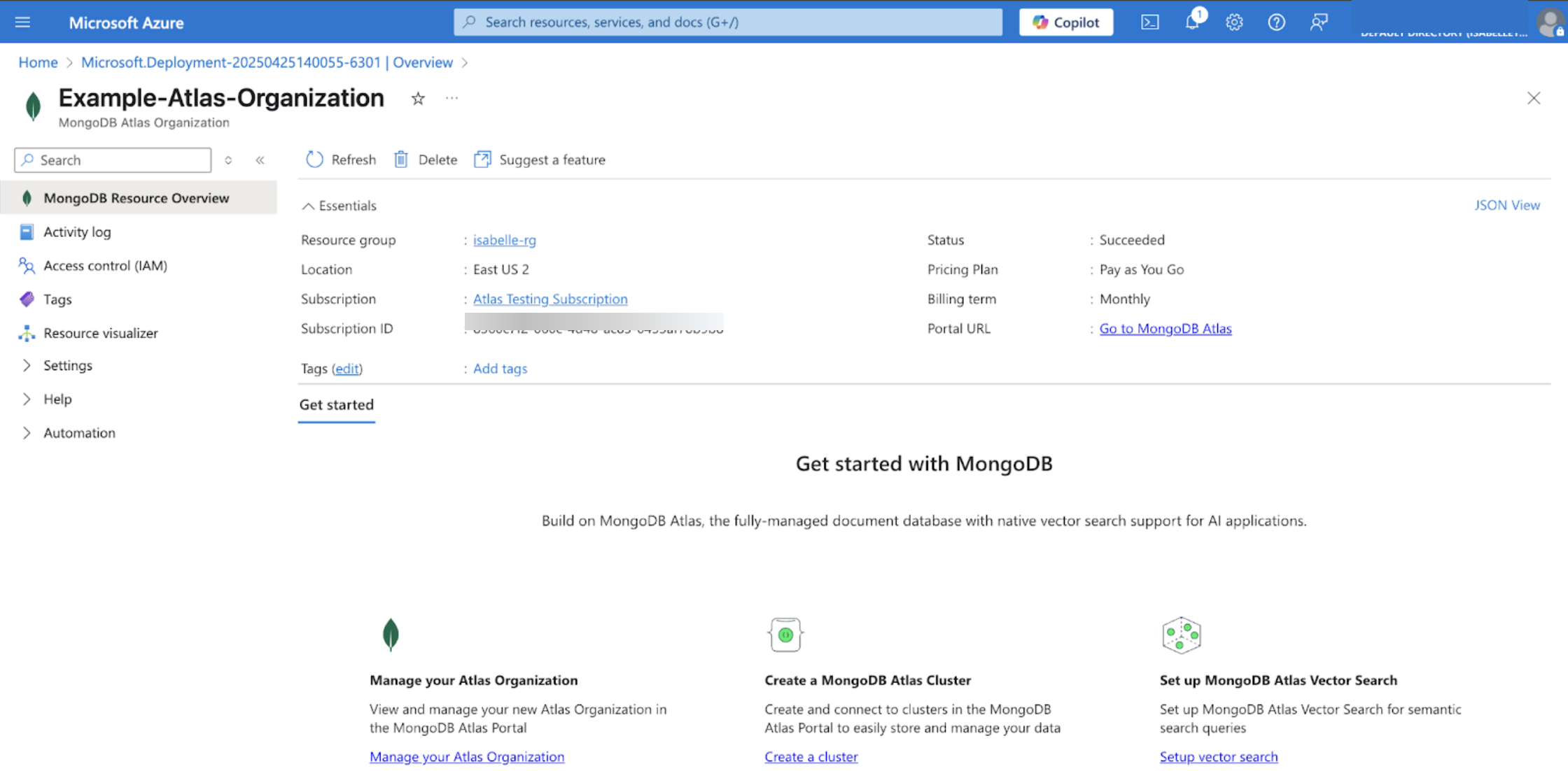 Screenshot of the dashboard for managing your MongoDB Atlas Organization within the Azure portal